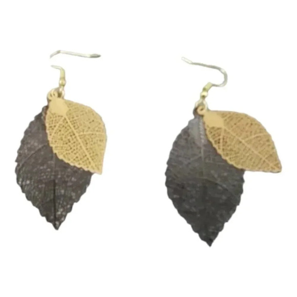 Golden and Black Skeleton Leaf two layer Dangle Earrings - Picture 8 of 8